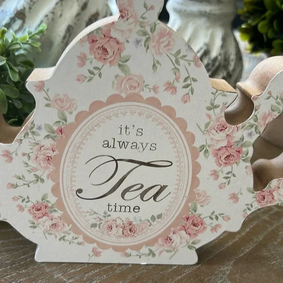 NEW!! Shabby Chic Cottage Farmhouse Teapot Tea Time Floral Pink Roses Wood Sign - Picture 5 of 6